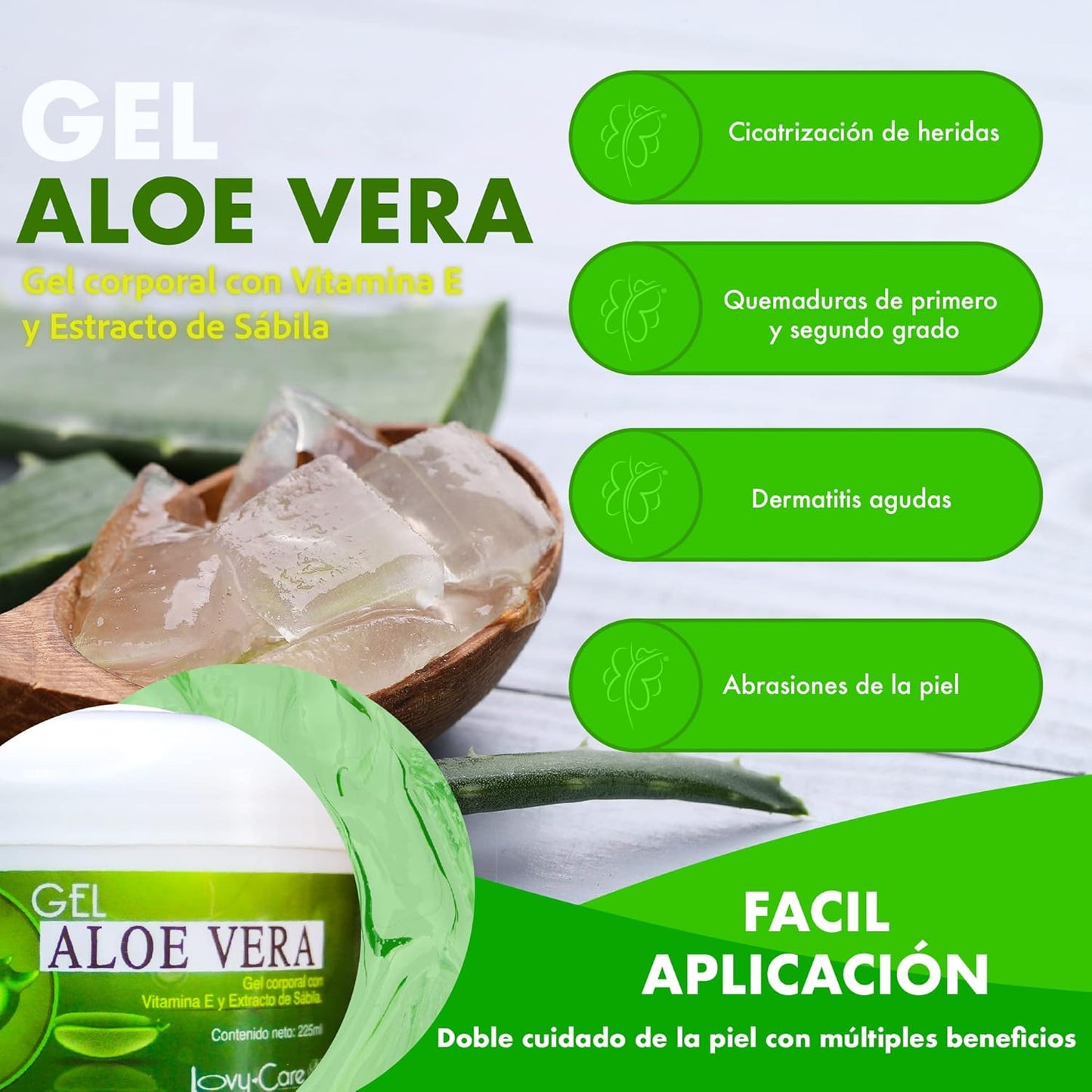 Aloe Vera + Vitamina E y Sábila, Gel After Sun Lovy Care - Reparador de Piel Hidratante.