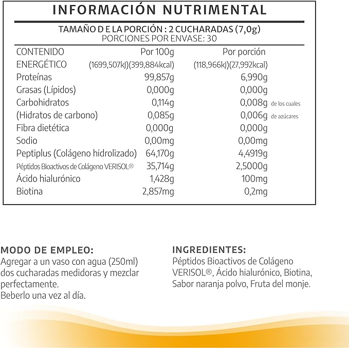 Péptidos Bioactivos de colágeno | 210g | Polvo de colágeno | Biotina + Ácido Hialuronico | Verisol